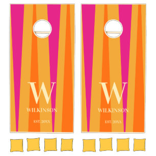 Bold Retro Stripes Monogram Orange pink Cornhole Set