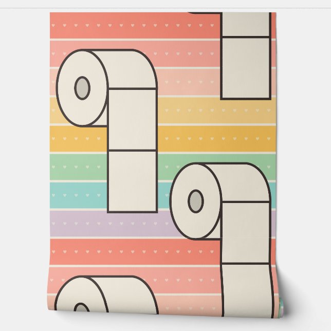 Bold retro toilet paper rolls on rainbow stripes wallpaper  (Unrolling)