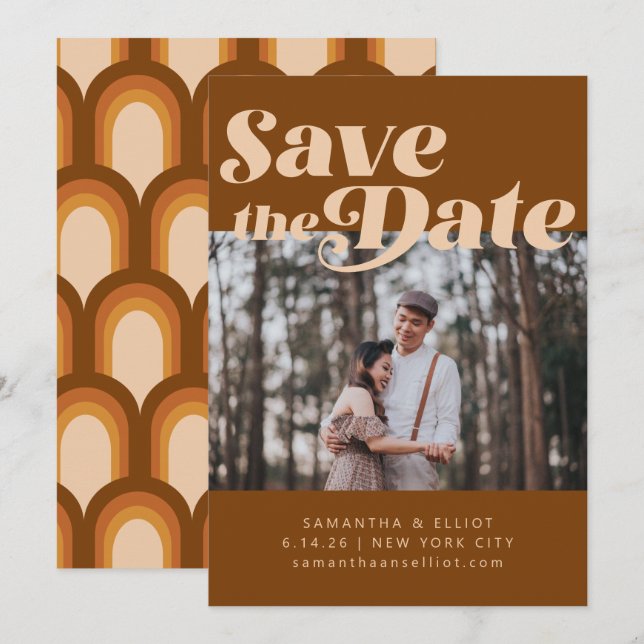 Bold Retro Typography Groovy Brown Photo Wedding Save The Date (Front/Back)