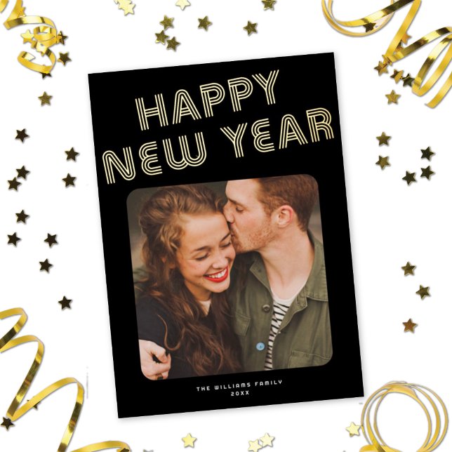 Bold Retro Typography New Year Photo Black Gold Foil Holiday Card (Creator Uploaded)