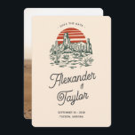 Bold Retro Vibes Saguaro Landscape Desert Wedding Save The Date<br><div class="desc">A fun and modern illustrated desert wedding save the date card with bold colors of orange, red and green, an illustration of a desert landscape with a setting sun, modern script font for the spouse's names and your photo of choice on the back of the invitation. Fully customizable text template...</div>