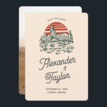 Bold Retro Vibes Saguaro Landscape Desert Wedding Save The Date<br><div class="desc">A fun and modern illustrated desert wedding save the date card with bold colors of orange, red and green, an illustration of a desert landscape with a setting sun, modern script font for the spouse's names and your photo of choice on the back of the invitation. Fully customizable text template...</div>