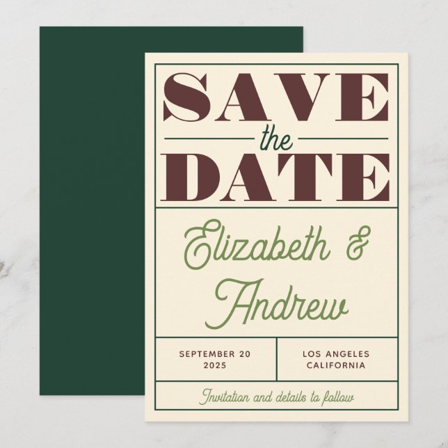 Bold Retro Vintage Green Brown Script Wedding  Save The Date (Front/Back)