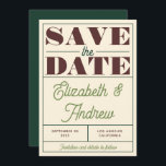 Bold Retro Vintage Green Brown Script Wedding  Save The Date<br><div class="desc">Retro inspired personalized wedding save the date card with a bold choice of fonts and a vintage color palette with shades of green, maroon brown and cream white. Perfect for a trendy Boho wedding or campground inspired wedding. All colors can be changed in the design tool! If needed, adjust the...</div>