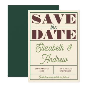 Bold Retro Vintage Green Brown Script Wedding  Save The Date