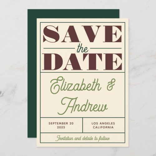 Bold Retro Vintage Green Brown Script Wedding  Save The Date