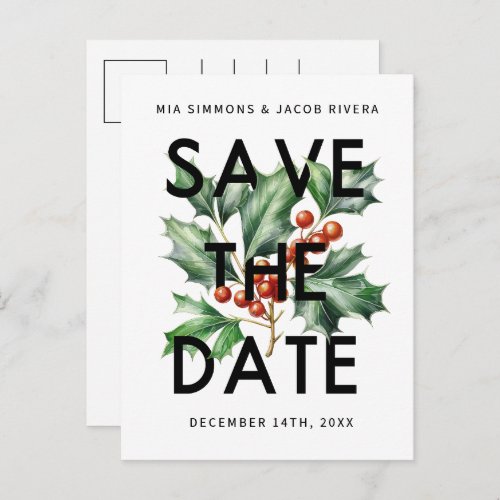 Bold Retro Vintage Holly Save the date Postcard