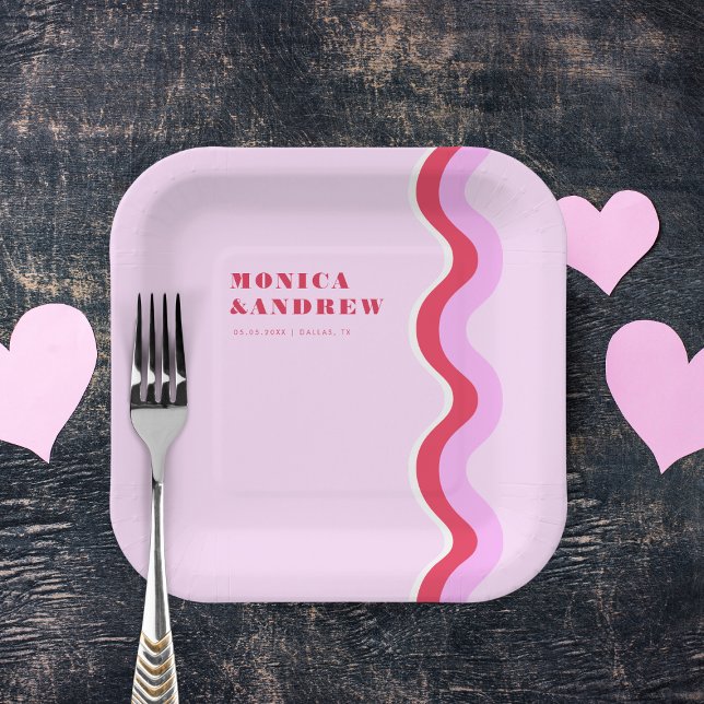 Bold Retro Wave Aesthetic Pink and Red Wedding  Paper Plates (Creator Uploaded)