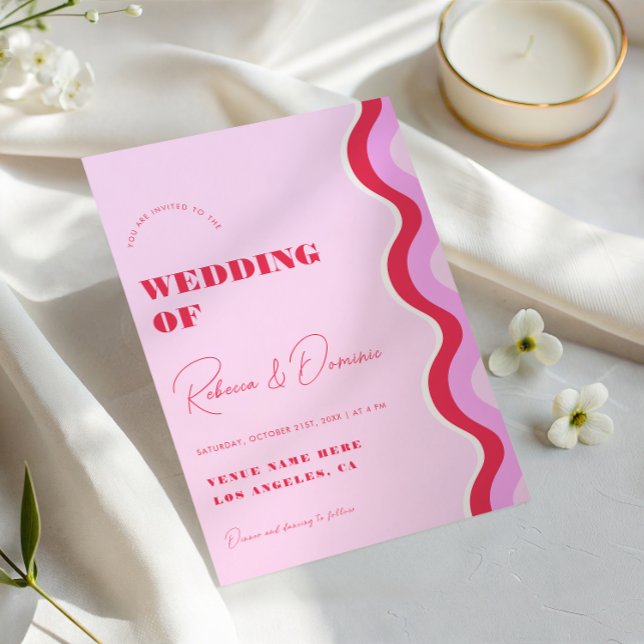 Bold Retro Wave Pink and Red Photo QR Code Wedding Invitation (Creator Uploaded)