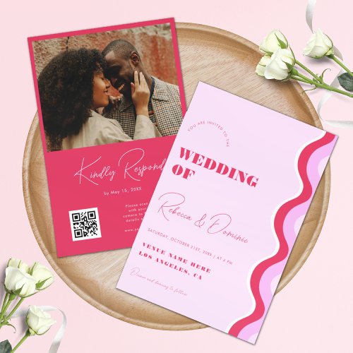 Bold Retro Wave Pink and Red Photo QR Code Wedding Invitation