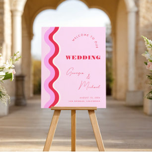Bold Retro Wave Pink and Red Wedding Welcome Sign