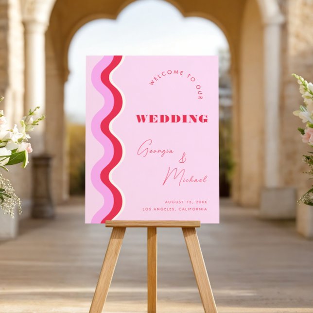 Bold Retro Wave Pink and Red Wedding Welcome Sign (Creator Uploaded)