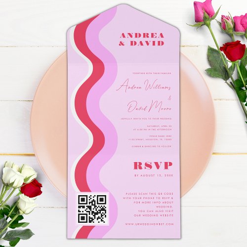 Bold Retro Waves Pink and Red QR Code RSVP Wedding All In One Invitation