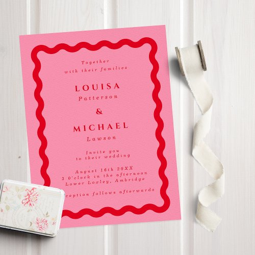 Bold Retro Wavy Frame Pink  Red Wedding  Invitation