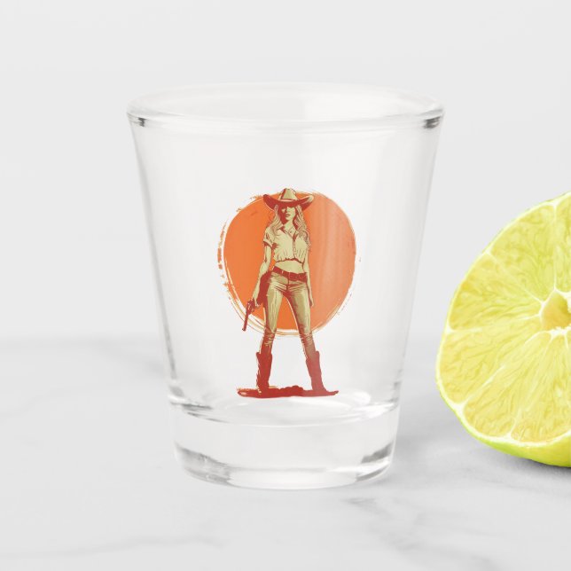 Bold Retro Western Cowgirl Bachelorette Shot Glass (Front)