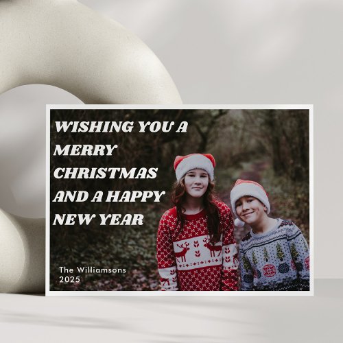 Bold Retro White Text Overlay Photo Christmas Year Holiday Card