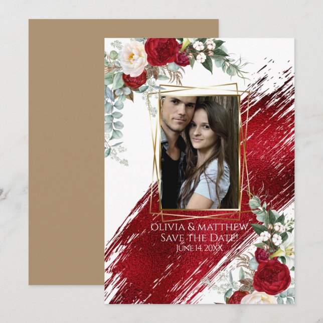 Bold Rich Crimson Paint Stroke and Floral Invitation (Front/Back)