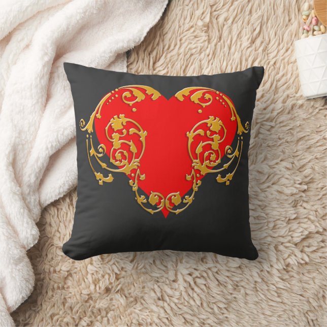 Bold Romantic Valentine Red Goth Heart  Throw Pillow (Blanket)