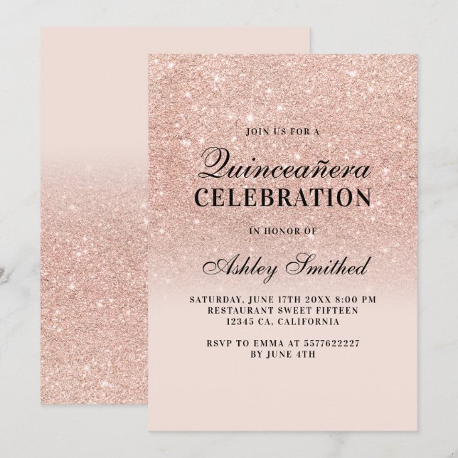 Bold rose gold glitter elegant chic Quinceañera Invitation (Front/Back)