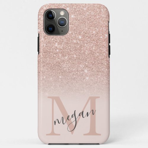 Bold rose gold glitter ombre blush monogrammed iPhone 11 pro max case