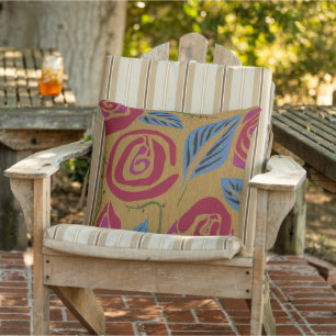 Bold Roses Leaves Thorns Graphic Floral Outdoor Pillow