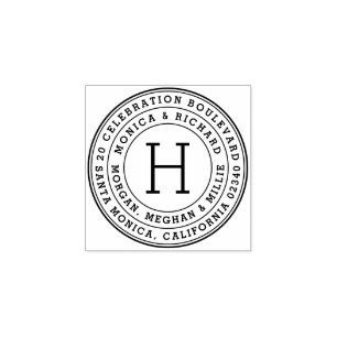 Bold Round Family Names & Monogram Return Address Rubber Stamp