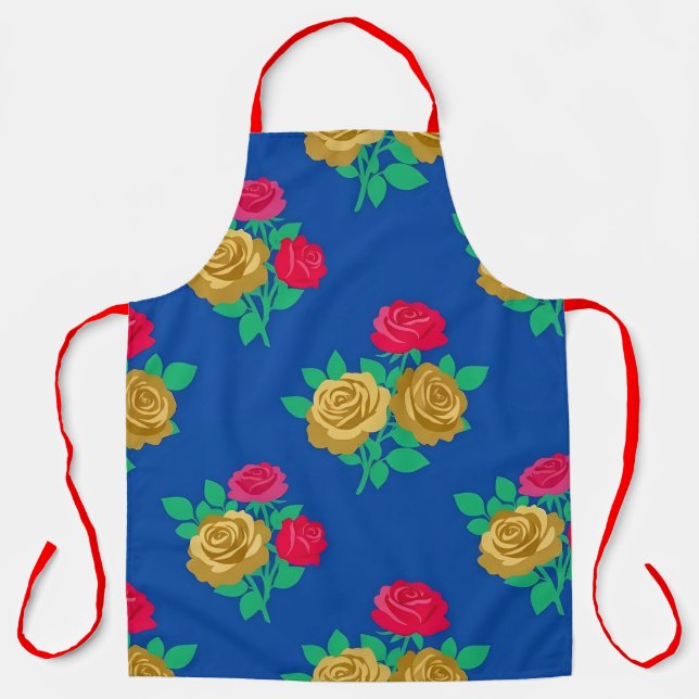 Bold Royal Blue and Gold Rose Apron (Front)