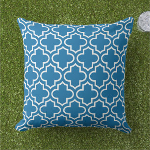 Bold Royal Blue White Quatrefoil Trellis Outdoor Pillow