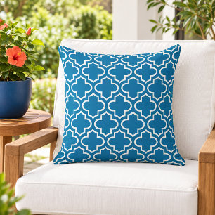 Bold Royal Blue White Quatrefoil Trellis Outdoor Pillow