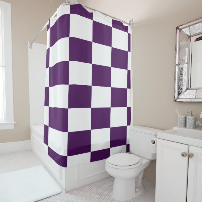 Bold Royal Purple and White Checkered Rectangles Shower Curtain (In Situ)