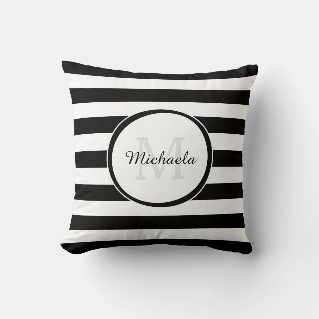 Bold Rugby Stripes With Monogram and Name in Black Throw Pillow (Front)
