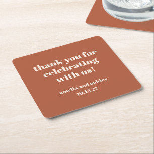 Bold Rust Fall Retro Custom Wedding Thank You Square Paper Coaster