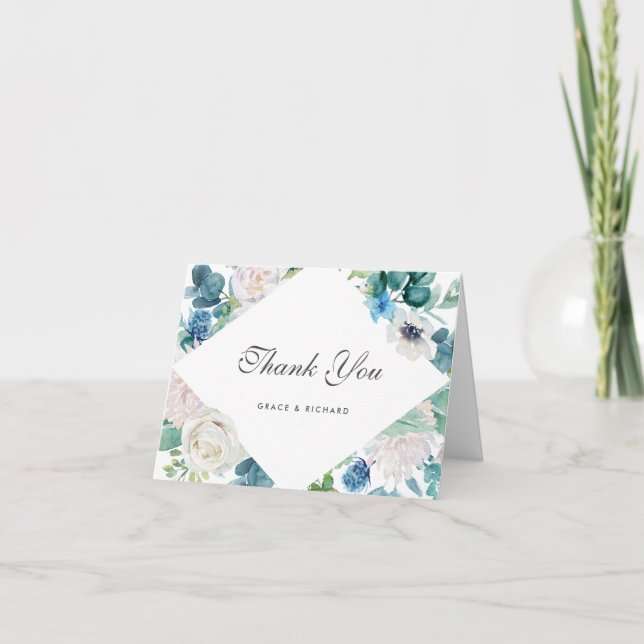Bold Sage Green Blue White Floral Thank You Card (Front)