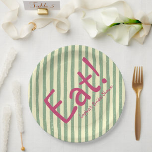 Bold Sage Green Stripe Eat Bridal Shower Paper Plates