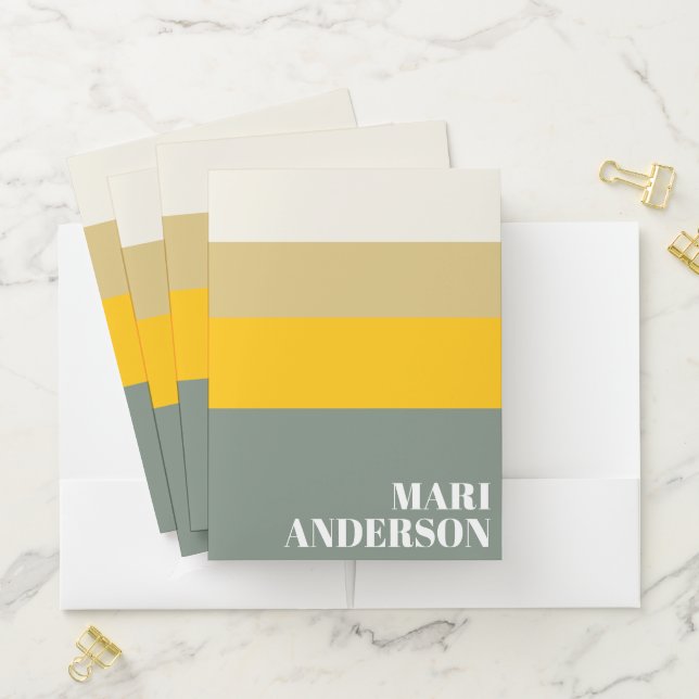 Bold Sage Green Yellow Stripes Modern Personalized Pocket Folder (In Situ)