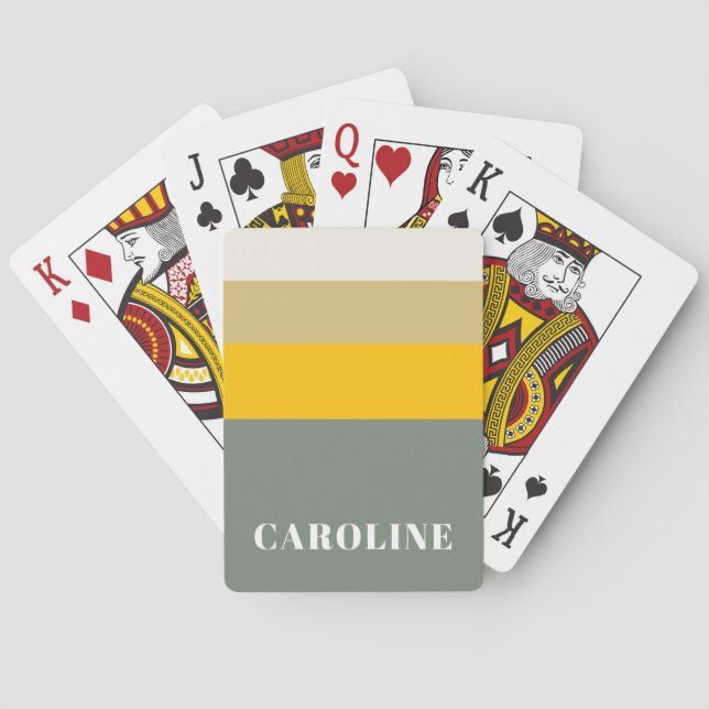 Bold Sage Green Yellow Stripes Modern Personalized Poker Cards (Back)