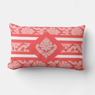 Bold Salmon and White Damask with Monogram Outdoor Pillow