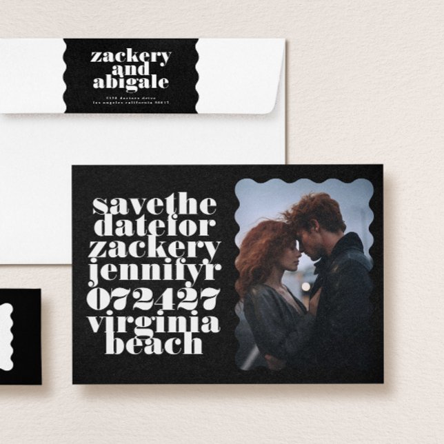 Bold Scalloped Border White Black QR Code Photo Save The Date (Creator Uploaded)