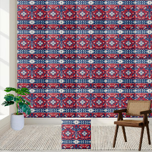 Bold Scandinavian Floral Tile in Red Blue & White
