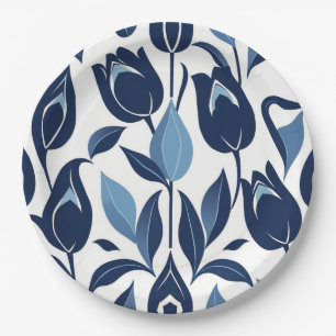 Bold Scandinavian Folk Art Symmetrical Tulip Navy Paper Plates
