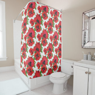 Bold Scarlet Oriental Poppies Pattern on White Shower Curtain