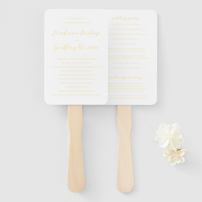 Bold Script Butter Yellow Elegant Wedding Program Hand Fan (Front and Back)