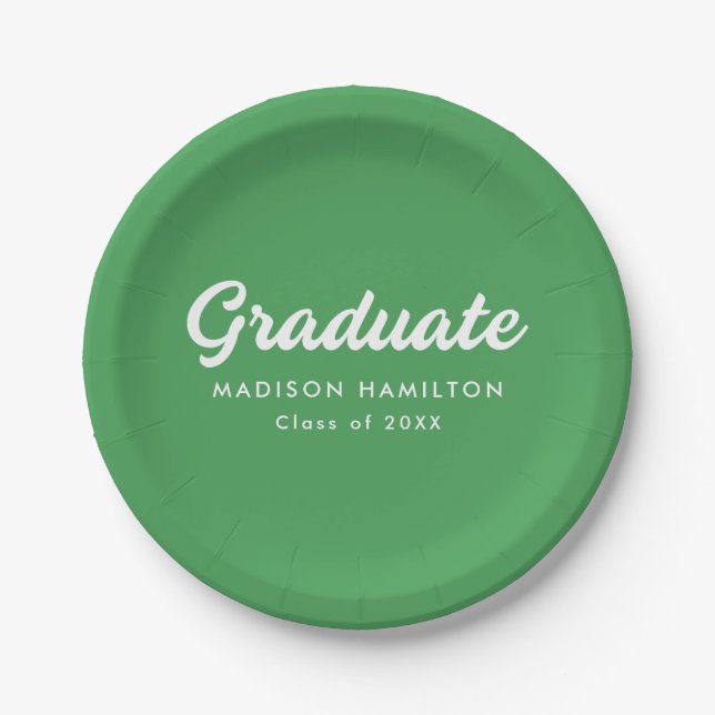 Bold Script Green Graduation Paper Plates (Front)