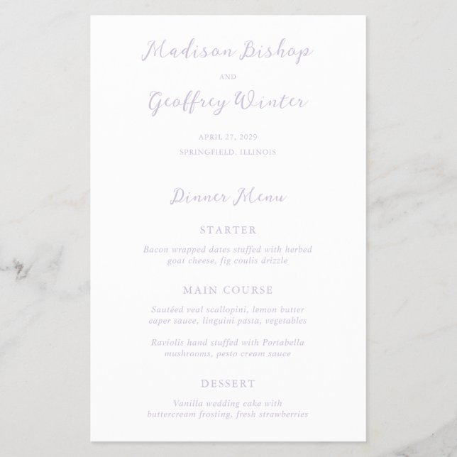 Bold Script Lilac Elegant Budget Wedding Menu Flyer (Front)