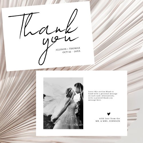 Bold Script Minimalist Photo BW Wedding Thank You Card