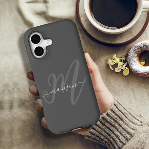 Bold Script Modern Monogram and Name in Gray iPhone 17 Case