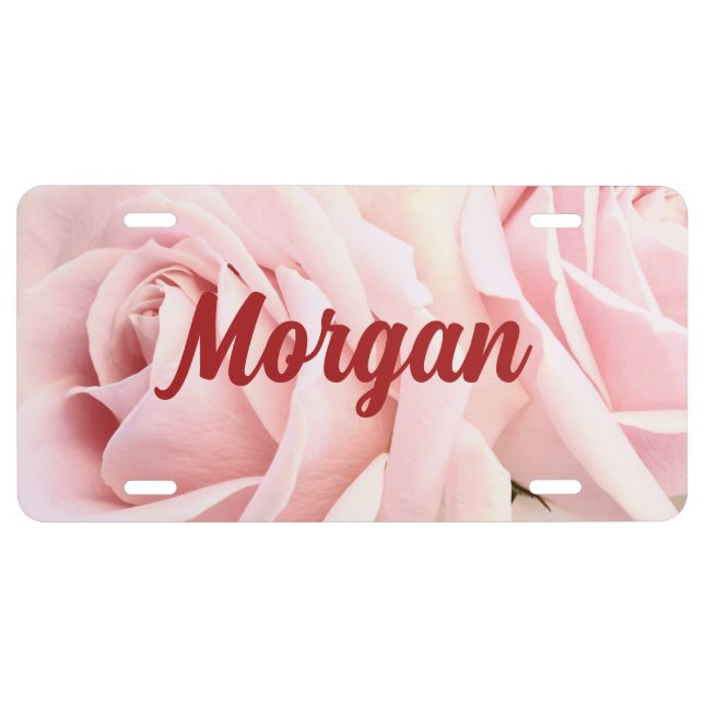Bold Script Name/Message & Photo Pale Pink Roses License Plate (Front)