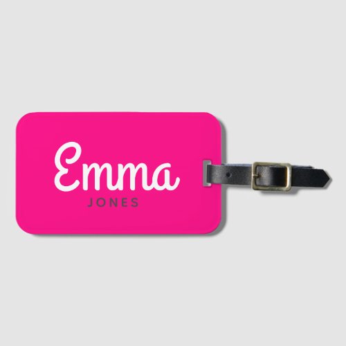 Bold script name modern simple bright neon pink luggage tag