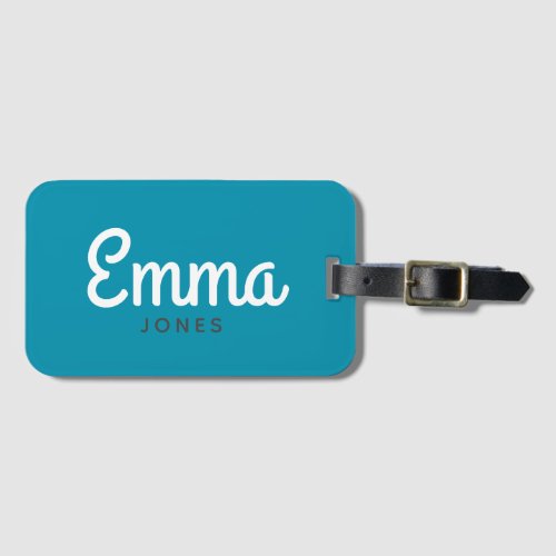 Bold script name modern simple bright teal green luggage tag