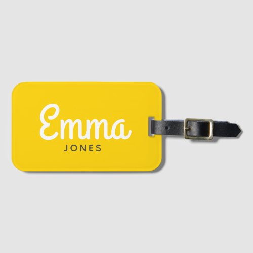 Bold script name modern simple bright yellow luggage tag